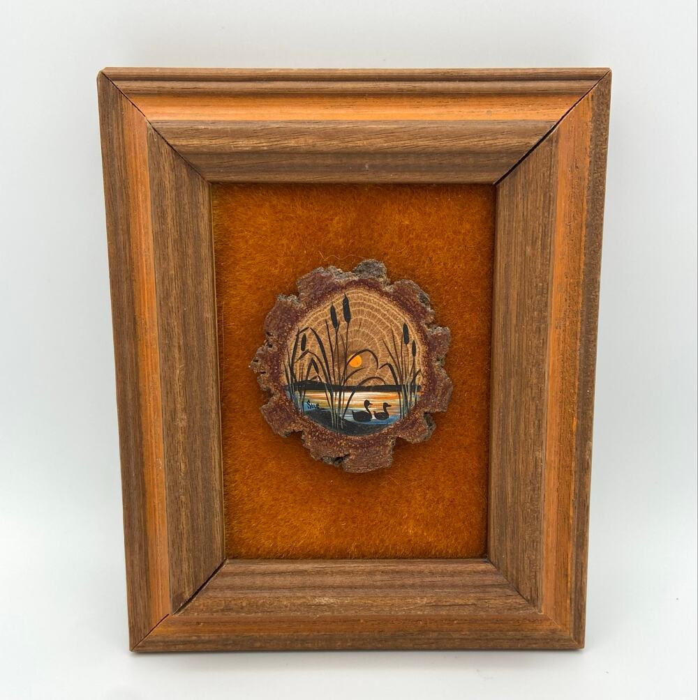 Vintage Miniature Wood Slice Painting Geese Lake Sunset Mentone AL Art Framed